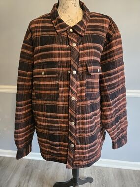 BDG Men's Plaid Puffer Jacket in Rust & Black